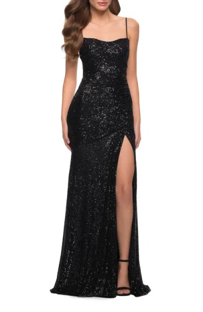 La Femme Lace Up Back Sequin Gown With Flare Skirt In Black