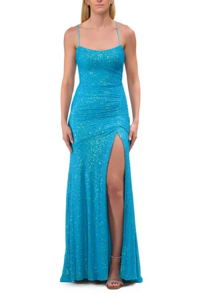 La Femme Lace Up Back Sequin Gown With Flare Skirt In Blue