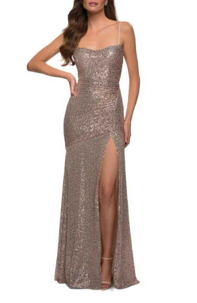La Femme Lace Up Back Sequin Gown With Flare Skirt In Rose Gold