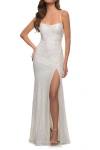 La Femme Lace Up Back Sequin Gown With Flare Skirt In White