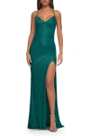 La Femme Line Sequin Stretch Prom Dress With Defined Cups In Emerald