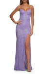 La Femme Line Sequin Stretch Prom Dress With Defined Cups In Periwinkle