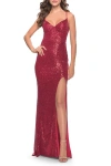 La Femme Line Sequin Stretch Prom Dress With Defined Cups In Red