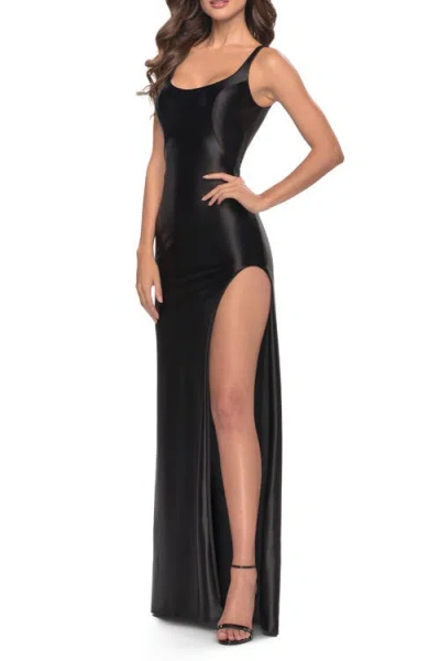 La Femme Liquid Jersey Fitted Dress With High Slit