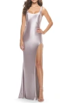 La Femme Liquid Jersey Fitted Dress With High Slit