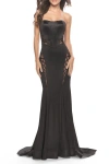 La Femme Liquid Jersey Gown With Mesh Strappy Side Panels In Black