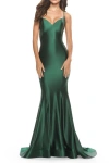 La Femme Liquid Jersey Mermaid Gown With Lace Up Back In Dark Emerald