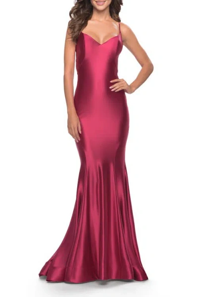 La Femme Liquid Jersey Mermaid Gown With Lace Up Back In Deep Red