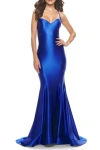 La Femme Liquid Jersey Mermaid Gown With Lace Up Back In Royal Blue