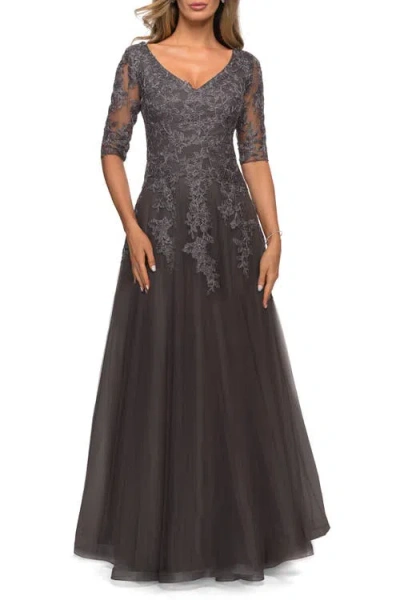 La Femme Long A-line Dress With Lace Bodice And V-neck In Gunmetal