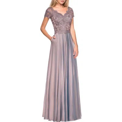 La Femme Long Chiffon Dress With Lace Bodice And Pockets In Purple