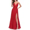 La Femme Long Chiffon Prom Dress With Unique Lace Up Back In Red