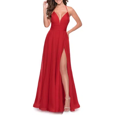 La Femme Long Chiffon Prom Dress With Unique Lace Up Back In Red