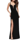 La Femme Sultry Long Dress With Intricate Strappy Back In Black