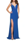La Femme Long Classic Prom Dress With Side Leg Slit And Deep V In Blue