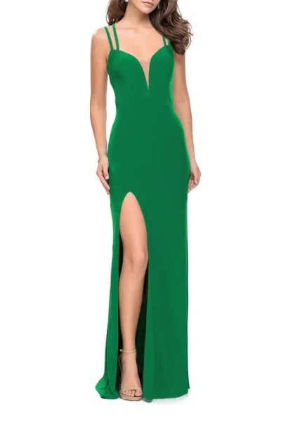 La Femme Long Classic Prom Dress With Side Leg Slit And Deep V In Green