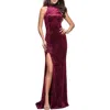 La Femme Long Crushed Velvet Prom Dress With Beaded Choker In Burgundy