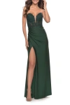 La Femme Long Dress With Jersey Skirt And Lace Illusion Bodice In Dark Emerald