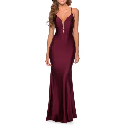 La Femme Long Dress With Knotted Detail And Lace Up Back In Burgundy