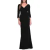 La Femme Long Evening Dress With Wrap Style Neckline In Black