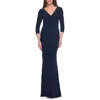 La Femme Long Evening Dress With Wrap Style Neckline In Navy
