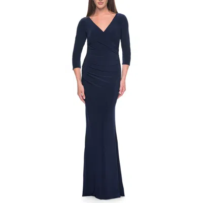La Femme Long Evening Dress With Wrap Style Neckline In Navy