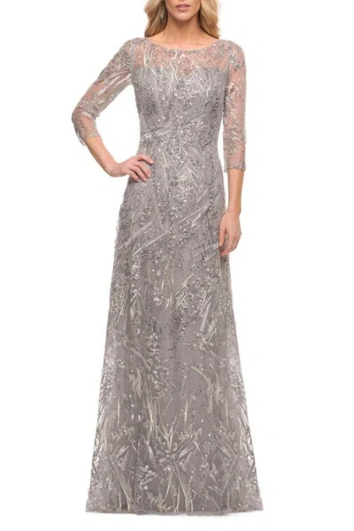La Femme Long Evening Gown With Unique Lace Beaded Design In Metallic