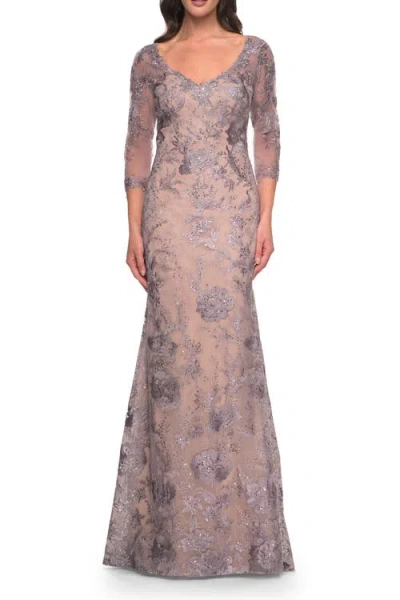 La Femme Long Fitted Lace Dress With V Neckline And Sheer Sleeves In Purple