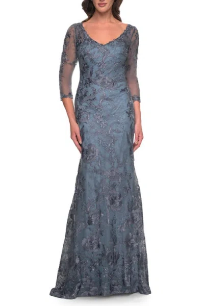 La Femme Long Fitted Lace Dress With V Neckline And Sheer Sleeves In Smoky Blue