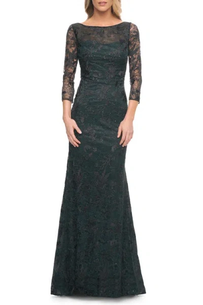 La Femme Long Fitted Lace Gown With High Neckline And Sleeves In Dark Emerald