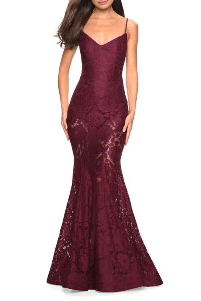 La Femme Long Form Fitting Lace Prom Dress With Attached Shorts In Wine