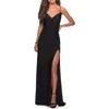 La Femme Long Homecoming Dress With Slit And Criss Cross Back In Black
