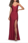 La Femme Long Homecoming Dress With Slit And Criss Cross Back In Burgundy