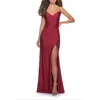 La Femme Long Homecoming Dress With Slit And Criss Cross Back In Burgundy