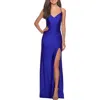 La Femme Long Homecoming Dress With Slit And Criss Cross Back In Royal Blue