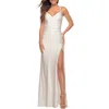 La Femme Long Homecoming Dress With Slit And Criss Cross Back In White