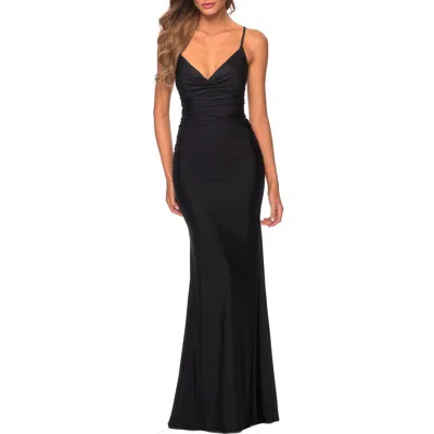 La Femme Long Jersey Dress With Draped V-neckline And Ruching In Black