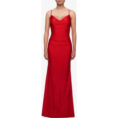 La Femme Long Jersey Dress With Draped V-neckline And Ruching In Red