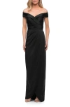 La Femme Long Jersey Dress With Ruching And Cap Sleeves In Black