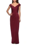 La Femme Long Jersey Dress With Ruching And Cap Sleeves In Burgundy