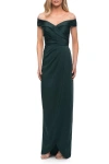 La Femme Long Jersey Dress With Ruching And Cap Sleeves In Emerald