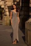 La Femme Long Jersey Dress With Ruching And Cap Sleeves In Pewter