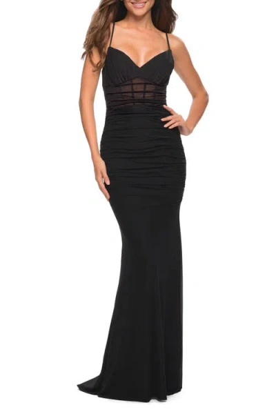 La Femme Long Jersey Dress With Sheer Corset Bodice In Black