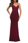 La Femme Long Jersey Dress With Sheer Corset Bodice In Dark Berry