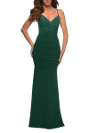 La Femme Long Jersey Dress With Sheer Corset Bodice In Emerald