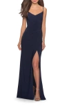 La Femme Long Jersey Dress With V-neck And Open Back In Navy