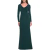 La Femme Long Jersey Evening Dress With Draped Neckline In Hunter Green