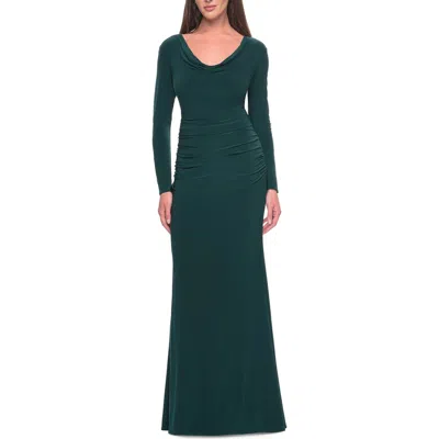 La Femme Long Jersey Evening Dress With Draped Neckline In Hunter Green