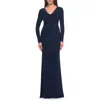 La Femme Long Jersey Evening Dress With Draped Neckline In Navy