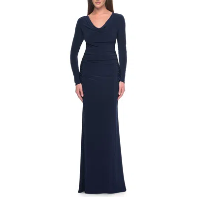 La Femme Long Jersey Evening Dress With Draped Neckline In Navy